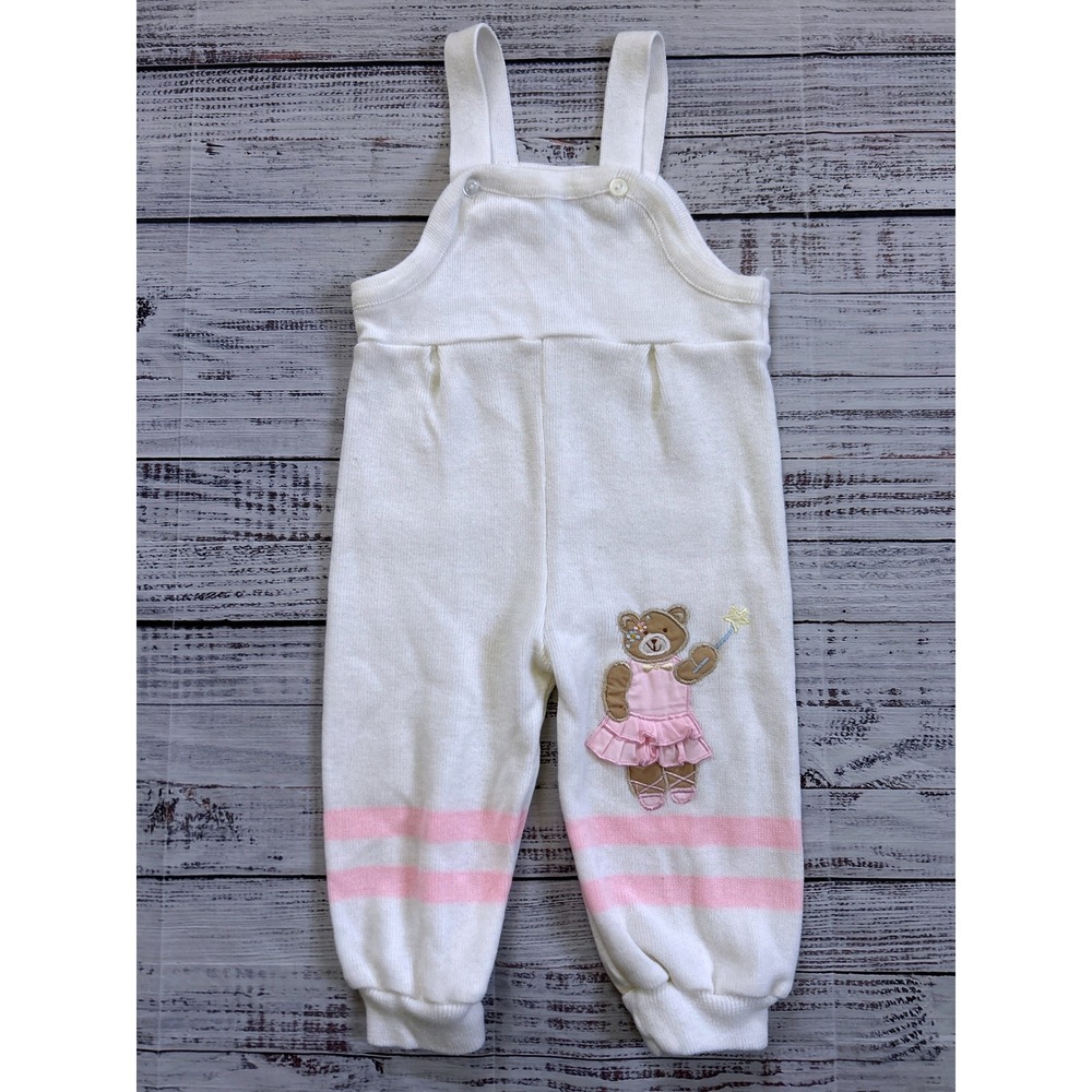 Vintage Knit Overalls Kids White Pink Ballerina Ruffle Bear Applique‎ 18M
